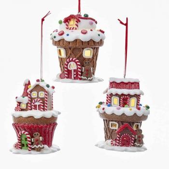 Kurt S. Adler D3223 - Lebkuchenhaus-Ornamente mit LED-Lichtern, 10 cm, 3er-SET