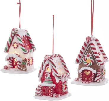 Kurt S. Adler D3399 - Lebkuchenhausornamete, 3er SET, Hängelichter, 10 cm